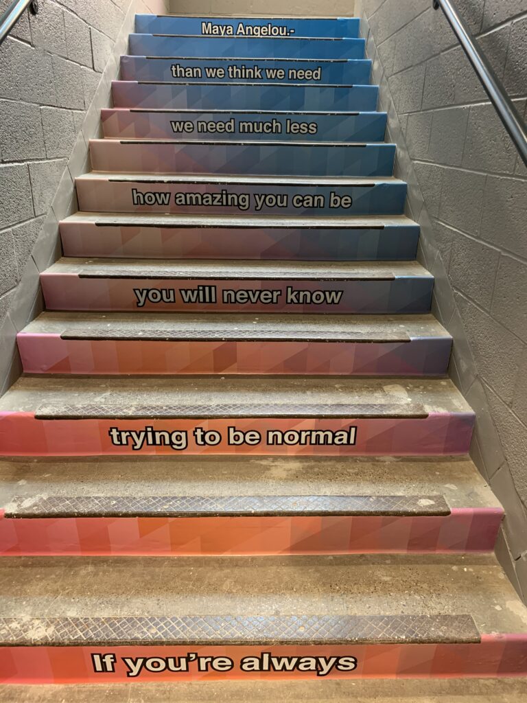 Inspiring words on the stairs at the Fannie C. Harris Youth Center, which will provide shelter and stability to high school students experiencing homelessness in Dallas ISD. 